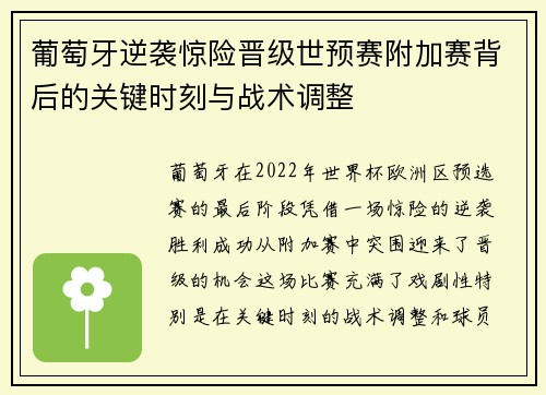 葡萄牙逆袭惊险晋级世预赛附加赛背后的关键时刻与战术调整 葡萄牙逆袭惊险晋级世预赛附加赛背后的关键时刻与战术调整